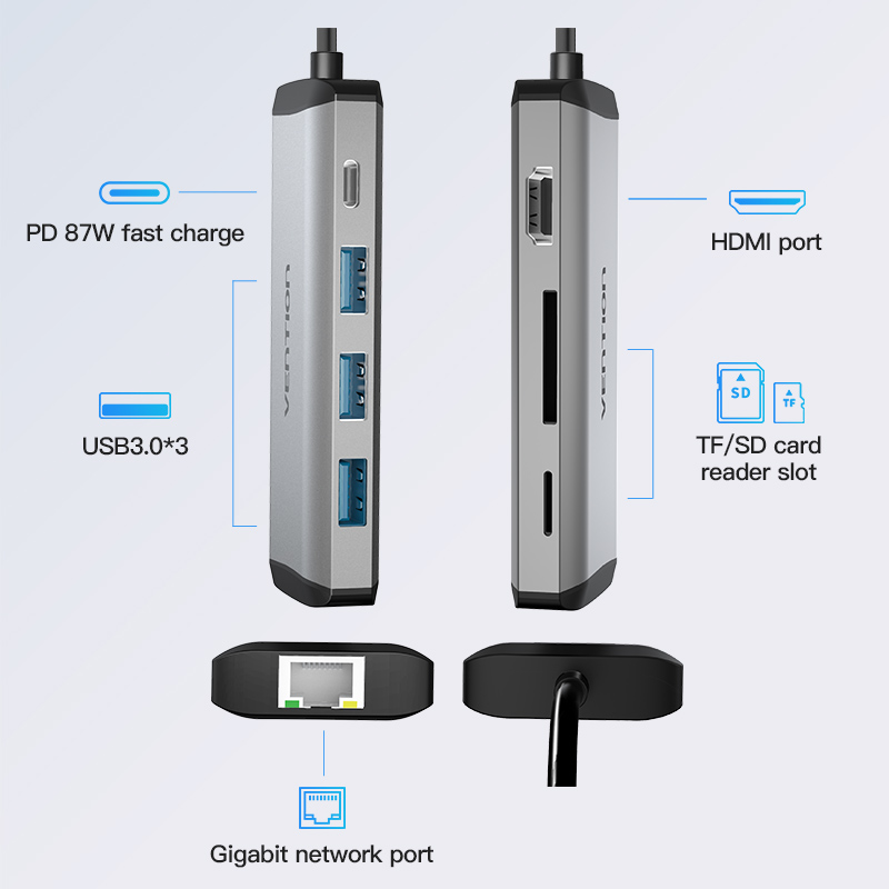 Cáp chuyển USB Type-C 9 in 1 to HDMI + USB 3.0*3 + LAN + SD + TF + PD (87w) Vention THAHB - Hàng chính hãng