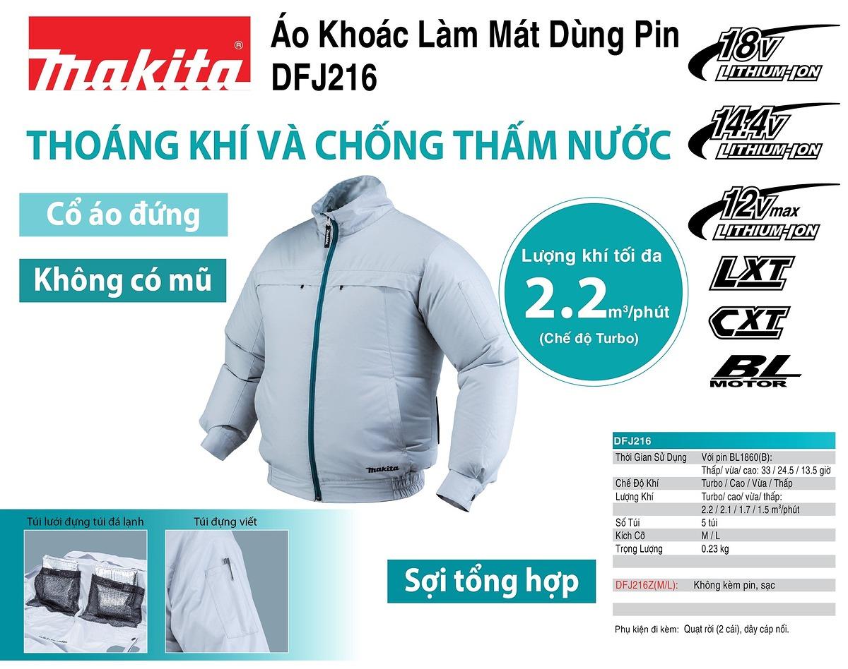 ÁO KHOÁC LÀM MÁT DÙNG PIN SIZE L (BL)(18V/14.4V/12V MAX) (KHÔNG KÈM PIN VÀ ĐẾ SẠC) MAKITA DFJ216ZM- HÀNG CHÍNH HÃNG