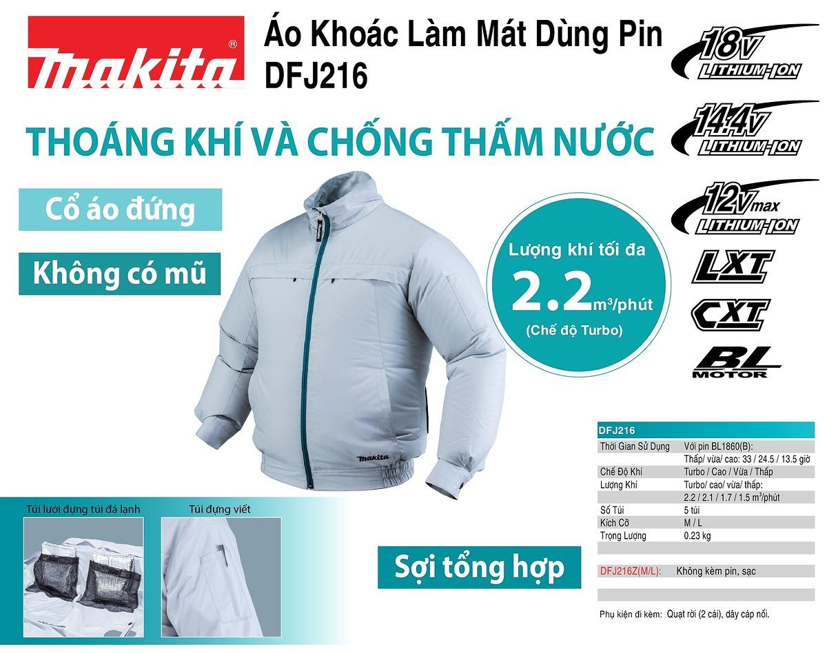 ÁO KHOÁC LÀM MÁT DÙNG PIN SIZE L (BL)(18V/14.4V/12V MAX) (KHÔNG KÈM PIN VÀ ĐẾ SẠC) MAKITA DFJ216ZL- HÀNG CHÍNH HÃNG