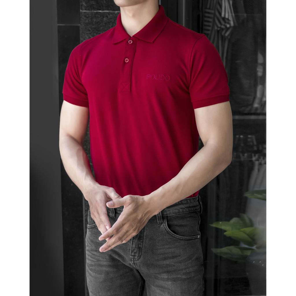 Áo Polo Nam Trơn Thêu Chữ POLIDO Màu Đỏ Đô Vải Cotton Co Giãn Form Slimfit - POLIDO MALL