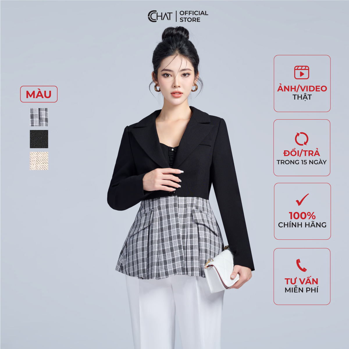 Áo Blazer Nữ  Dáng Vest Kiểu Ôm Phối Thân Chất Tuytsi Cao Cấp Mềm Mịn 22EHS8001PT