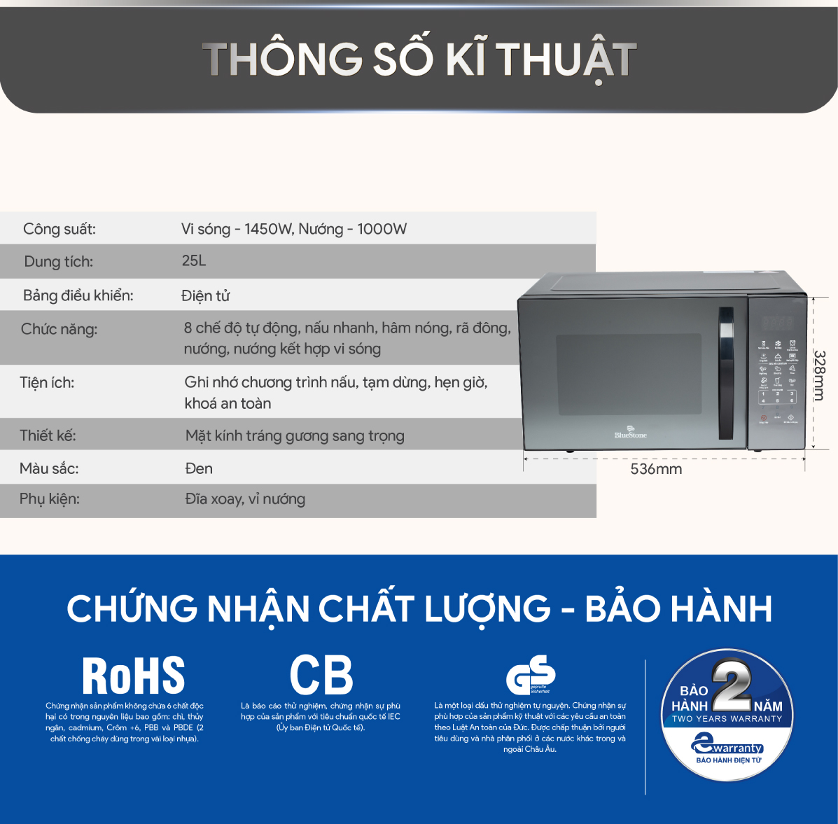 Lò Vi Sóng Có Nướng BlueStone MOB-7833 ( 25 Lít) - Hàng chính hãng