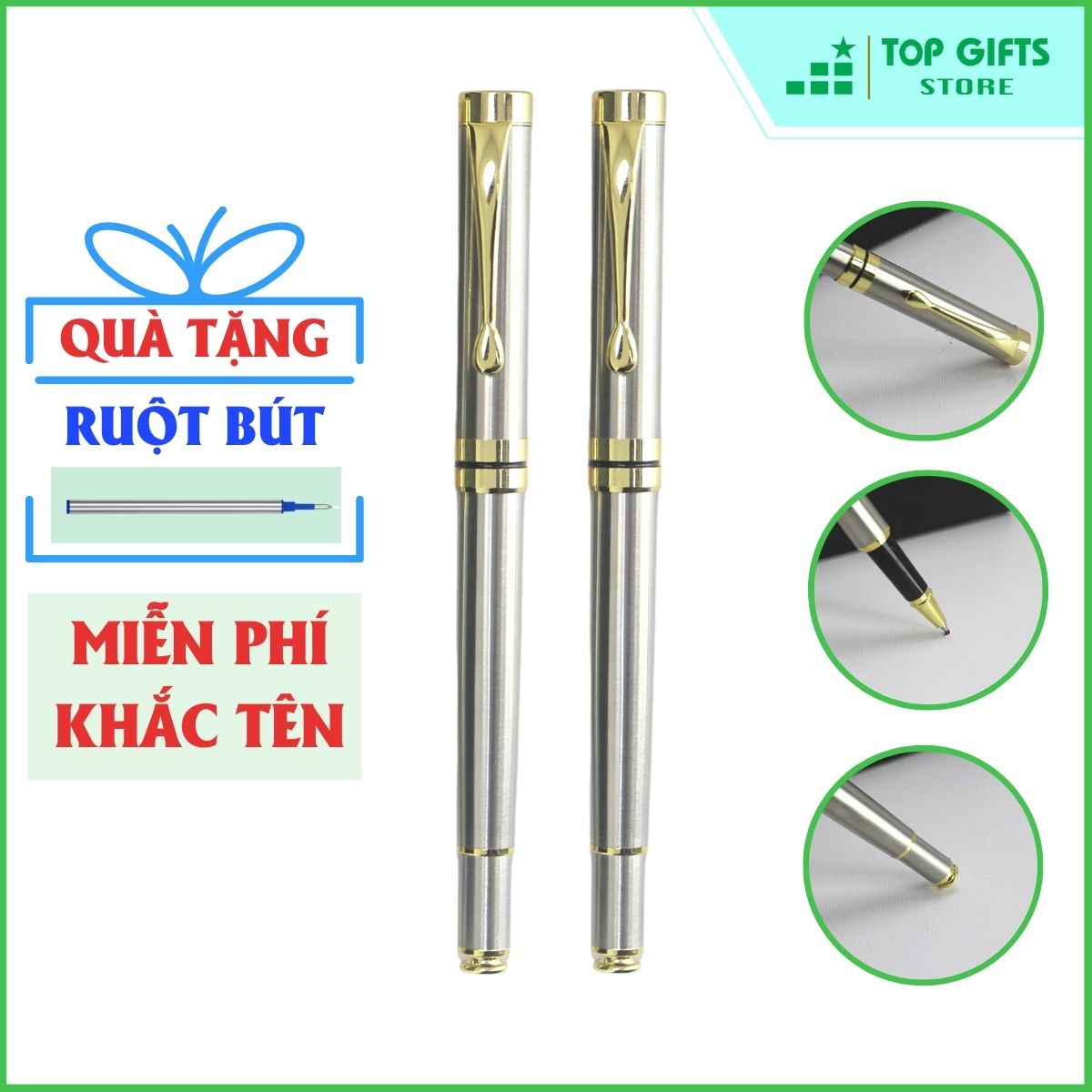 Bút ký khắc tên Cao cấp Bạc Viền Vàng Nắp PBV027| Quà tặng khắc tên + Ruột bút + Hộp bút