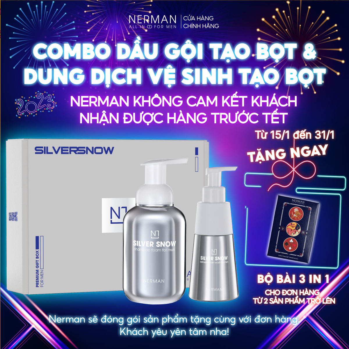 Combo Dầu gội tạo bọt 350g &amp; Dung dịch vệ sinh tạo bọt 200g Nerman hương nước hoa Pháp