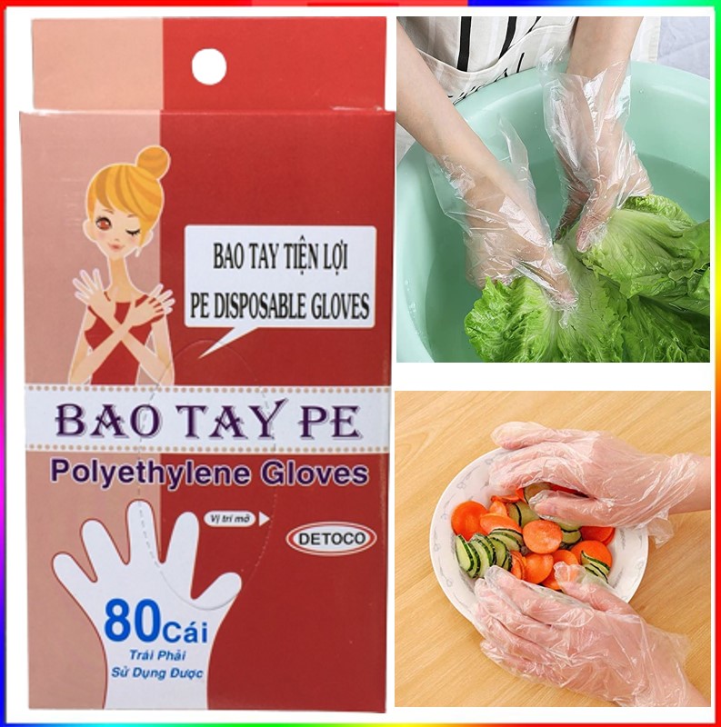 Combo 2 hộp bao tay Detoco chế biến thực phẩm, dược phẩm, phòng thí nghiệm, Y tế, nhựa PE chính phẩm 80 cái/hộp.