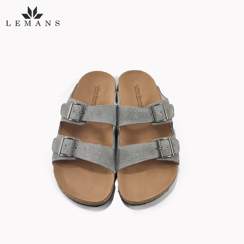Dép Da Nubuck xám Đế Trấu Quai Ngang LEMANS May Sandals - Grey. Đế 2.5cm Quai điều chỉnh Da bò cao cấp. Bảo hành 6 tháng