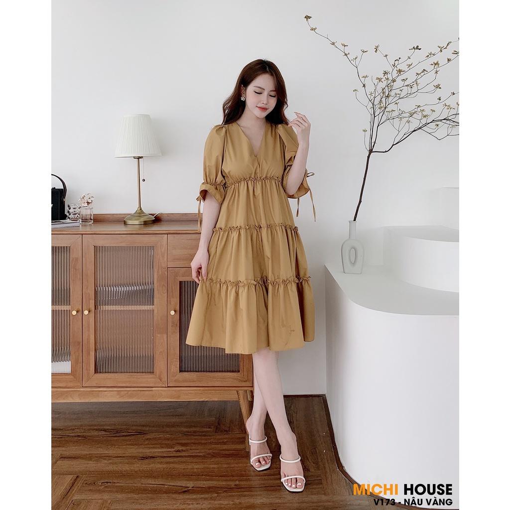 Váy suông babydoll 3 tầng, cổ V, đầm xuông rộng freesize, tay bo phồng buộc nơ 2 màu mã V173 - Michi's House