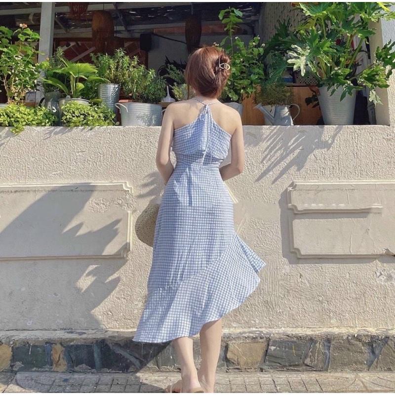 Đầm Cổ Yếm Bèo Lệch Tà Váy Dáng Xoè Caro Xanh