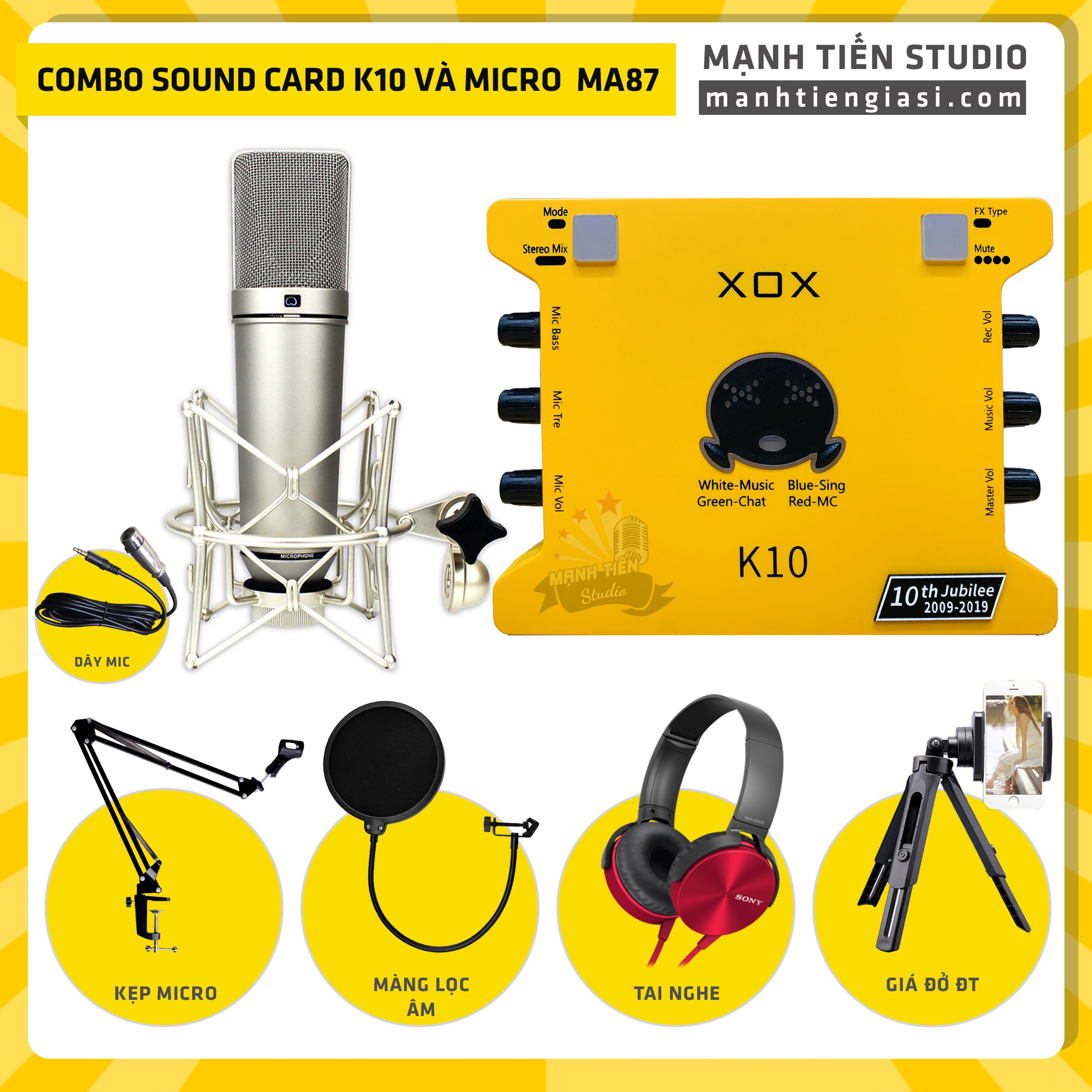 Combo thu âm, livestream Micro AQTA U87-MA, Sound card XOX K10 Jubilee - Kèm full phụ kiện kẹp micro, màng lọc, tai nghe, giá đỡ ĐT - Hỗ trợ thu âm, karaoke online chuyên nghiệp - Hàng nhập khẩu