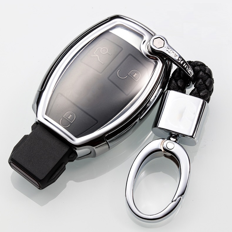 Ốp, bọc chìa khóa silicon màu tráng gương bảo vệ chìa khóa cho xe Mercedes kèm móc đeo INOX - 2 Nút