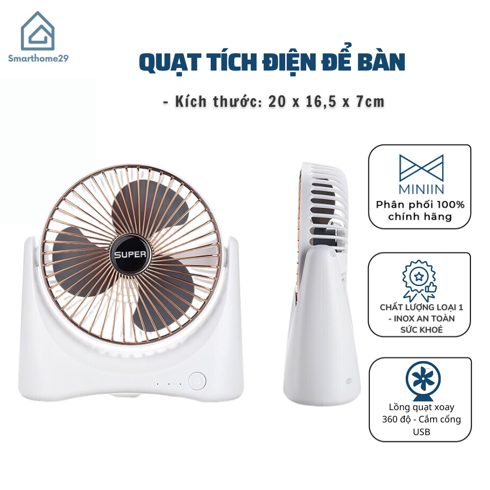 Quạt Tích Điện Super Fan, Quạt Mini Để Bàn Cực Mát Để Bàn Làm Việc, Ô Tô Siêu Tiện Lợi Có Thể Mang Đi - HÀNG CHÍNH HÃNG MINIIN