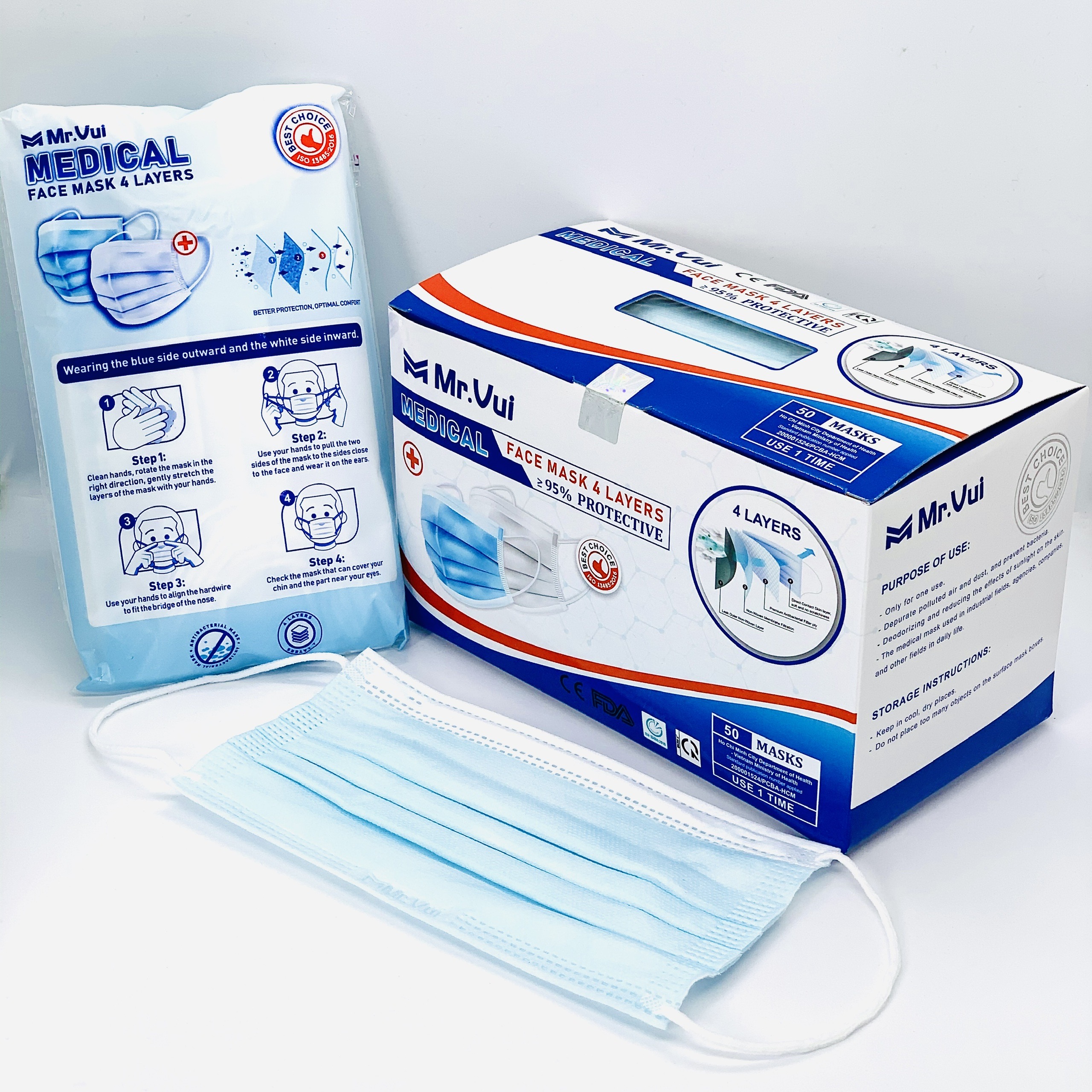 KHẨU TRANG Y TẾ 4 LỚP Mr.VUI - VẢI KHÔNG DỆT KHÁNG KHUẨN – HỘP 50 CÁI - MÀU XANH