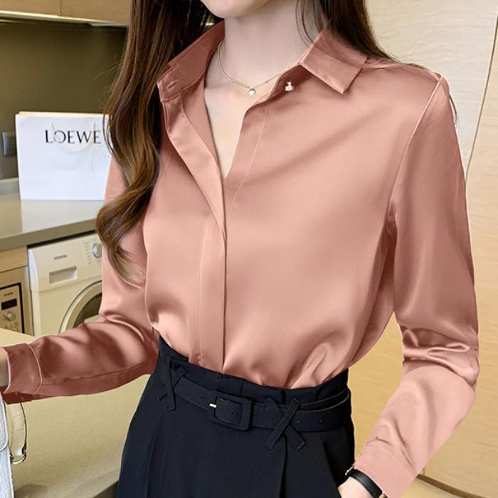 Áo Sơ Mi Lụa Satin Hồng Thiết Kế Phong Cách Châu Âu SM63 - Hàng Quảng Châu Cao Cấp