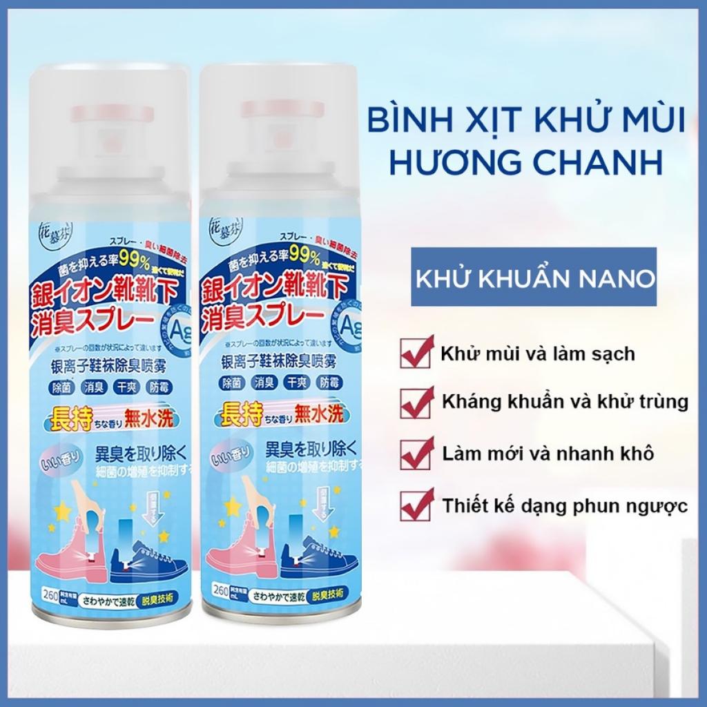 Chai xịt khử mùi nón, giày dép, tủ đồ nam nữ Nano Bạc diệt khuẩn, bình sịt hết mùi hôi chân, 260ml hương chanh và đào