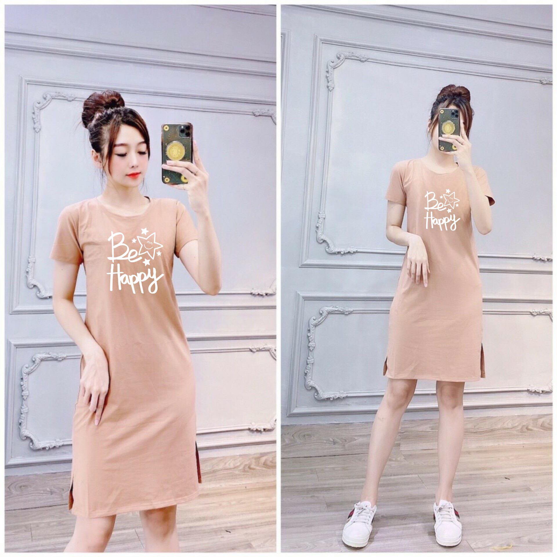 Đầm thun dáng suông xẻ tà mặc nhà , đi chơi in chữ Be Happy thun cotton 4 chiều từ 40-55kg ( D163 )