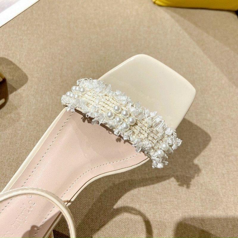 SANDAL QUAI XÙ ĐÍNH HẠT GÓT TRỤ ỐP MẠ - 4P