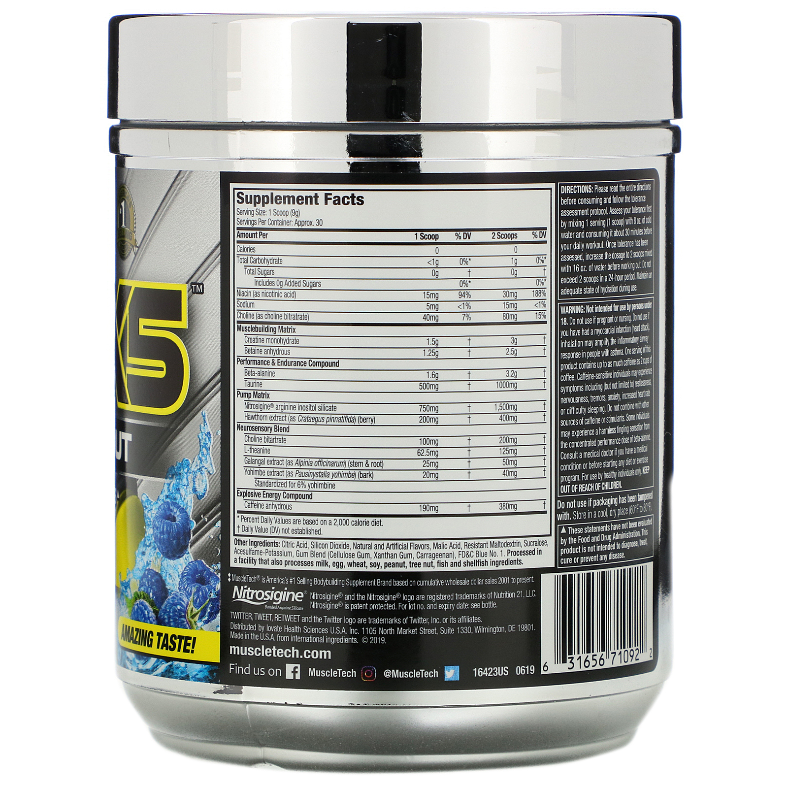 Thực phẩm bổ sung Pre-Workout Vapor X5 của MuscleTech -  Hỗ trợ tăng sức mạnh, sức bền, tăng sự tập trung tỉnh táo cho người tập luyện thể hình và thể thao – có 2 mùi để chọn lựa -Thương hiệu MuslceTech USA - 30 lần dùng