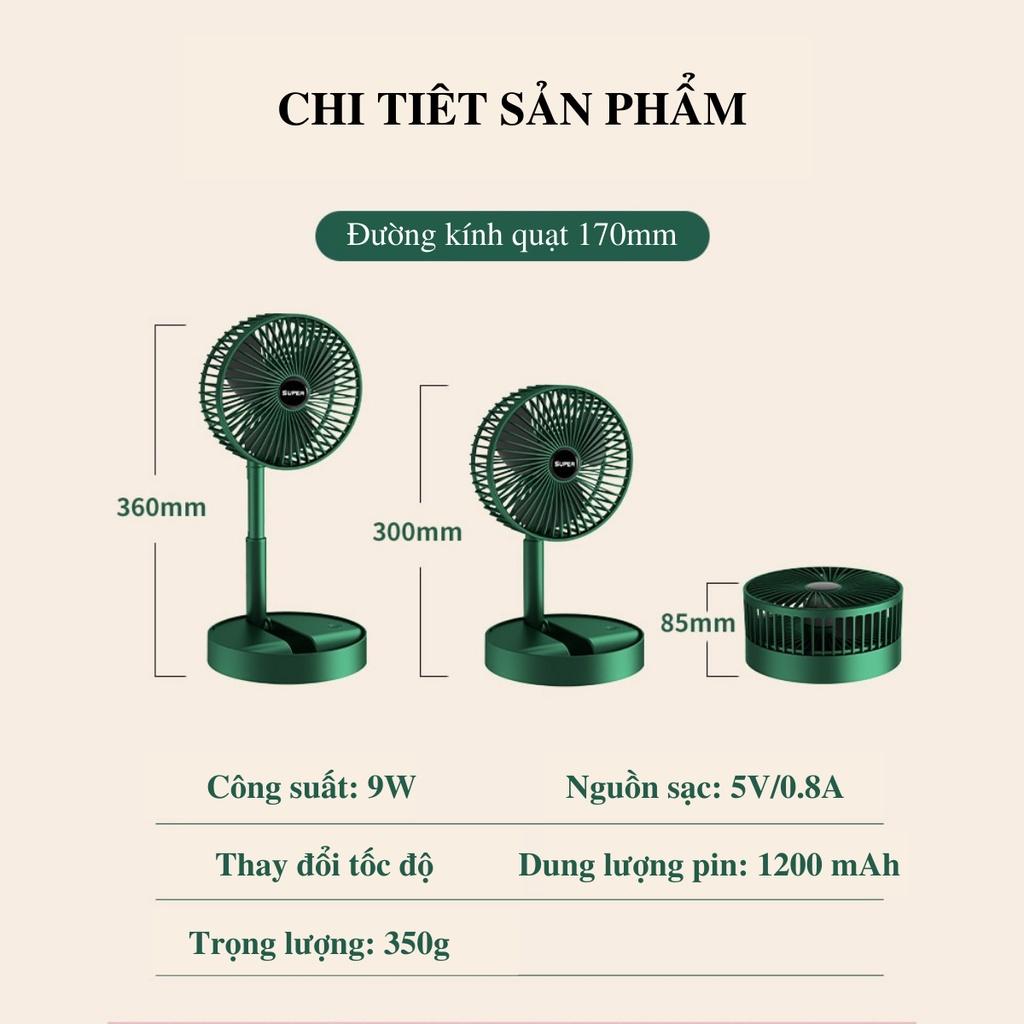 Quạt tích điện gấp gọn Ehome quạt mini sạc điện usb để bàn hoặc đứng với 3 tốc độ gió công suất 9w pin 1200mAh
