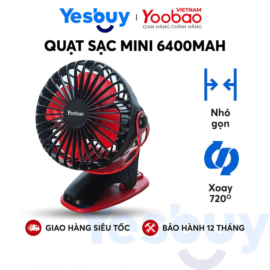 Quạt Sạc Mini Xoay Góc 720 Độ, Đế Kẹp Đa Năng Hoặc Đặt Bàn, An Toàn Cho Trẻ Với 4 Nấc Điều Chỉnh Gió Chính Hãng Yoobao F04 - Hàng Nhập Khẩu - Đỏ Đen - 6400Mah