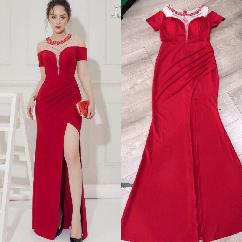 Đầm maxi dạ hội (Size S-M-L-XL) xẻ đùi phối lưới kết cườm hàng Thiết Kế