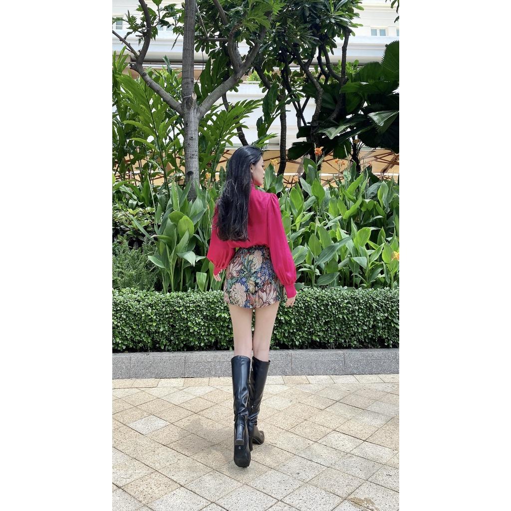 Áo sơ mi tay bồng cổ buộc nơ màu hồng trendy- Clara top