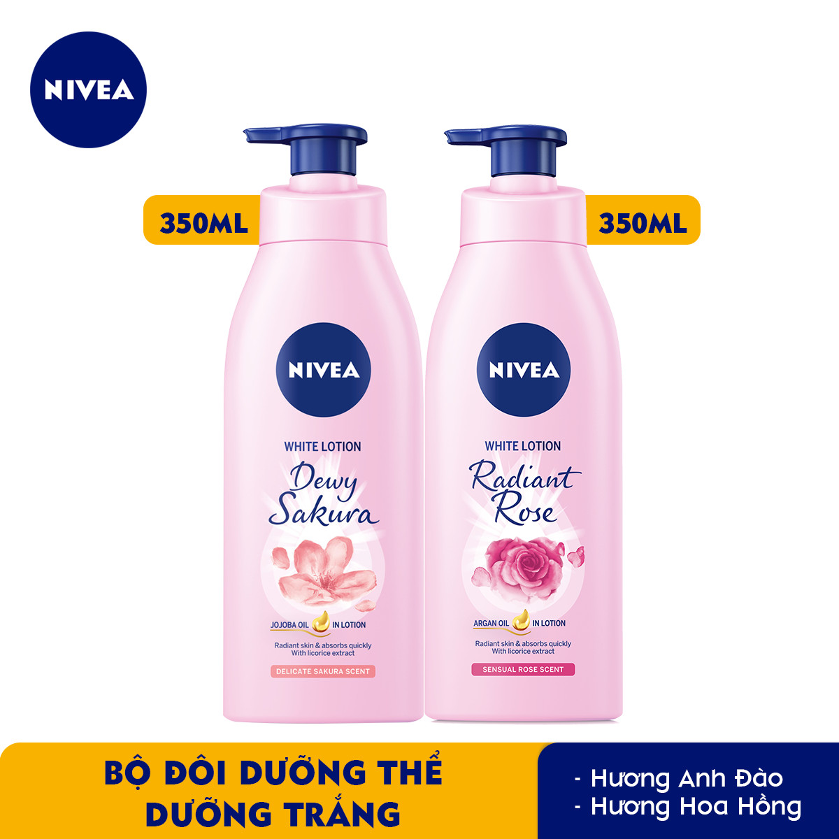 Bộ đôi dưỡng thể Hương hoa Sữa Dưỡng Thể Dưỡng Trắng NIVEA Hương Anh Đào Dewy Sakura  - 85703 & Sữa Dưỡng Thể Dưỡng Trắng NIVEA Hương Hoa Hồng Radiant Rose  - 85707