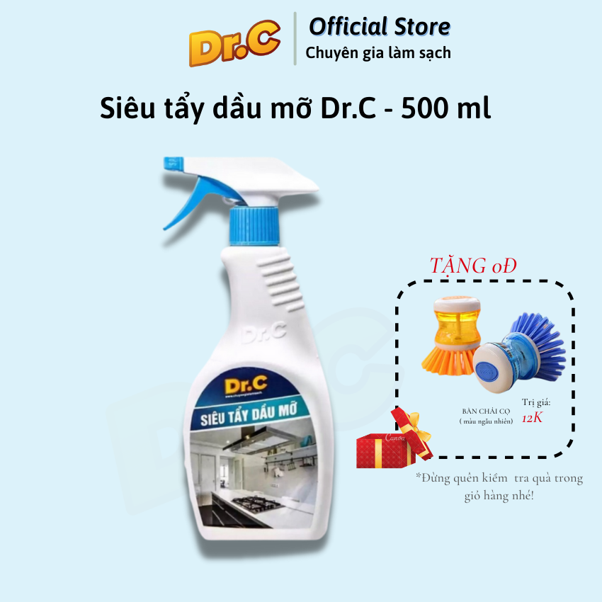 ( KM tặng Bàn chải) Siêu tẩy dầu mỡ Dr.C tẩy sạch lưới lọc máy hút mùi, mặt bếp ga, bếp từ, tường khu vực bếp,vật dụng nhà bếp, Chính Hãng, Chai 500ml