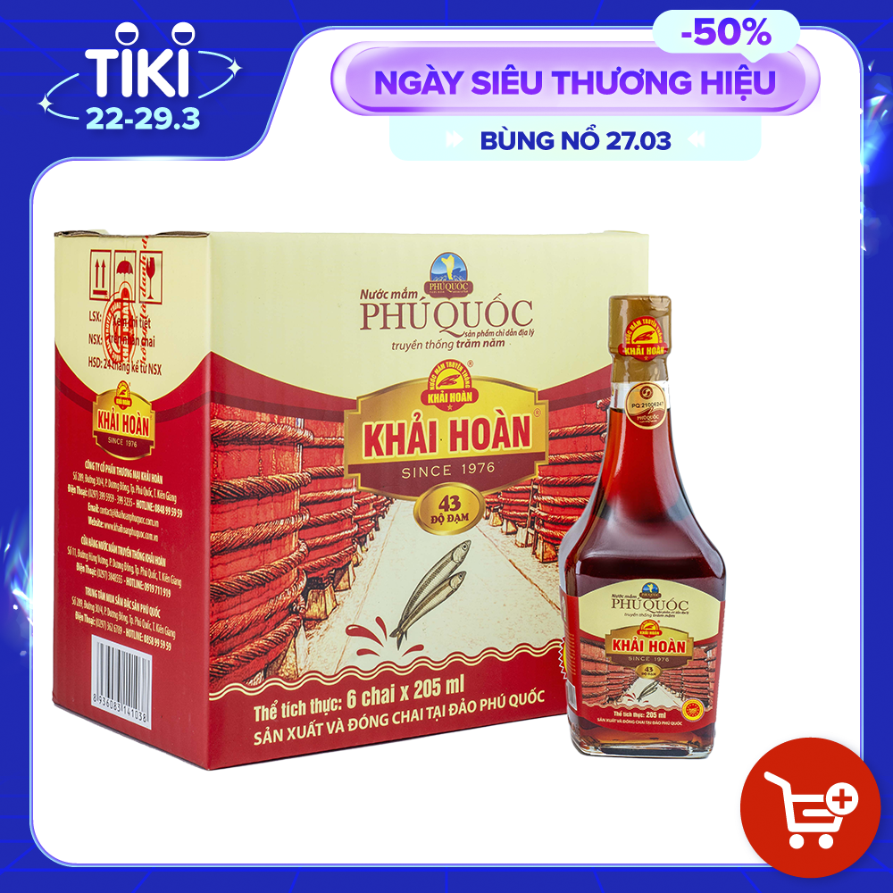 Đặc Sản Phú Quốc - Hộp 6 Chai Thủy Tinh Nước Mắm Phú Quốc Khải Hoàn 43 Độ Đạm (205Ml/ Chai) - Ocop 5 Sao