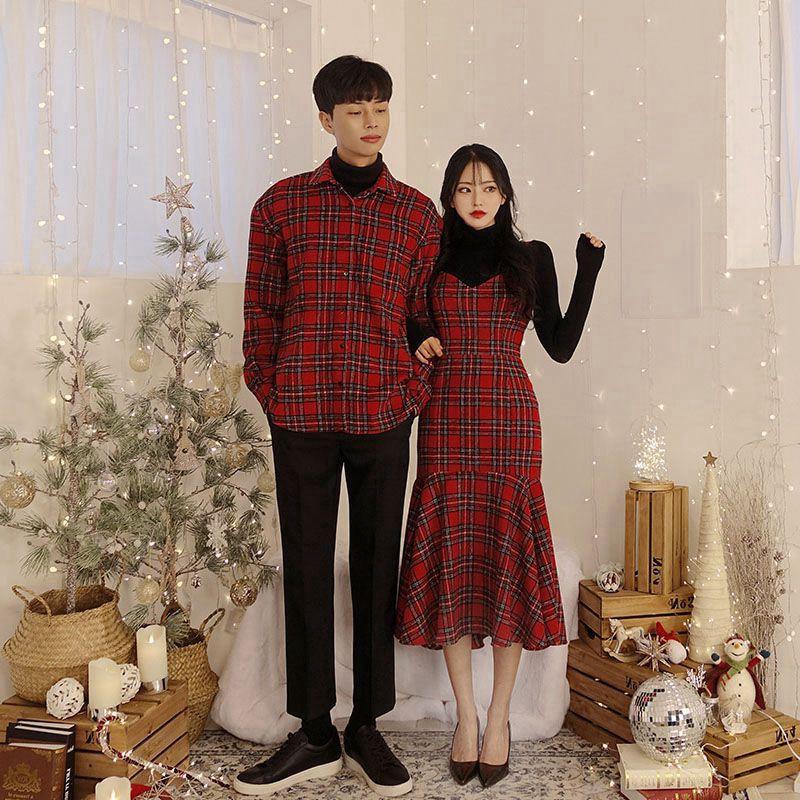 Đồ đôi nam nữ Áo cặp váy sơ mi thời trang couple hàn quốc sọc kẻ caro màu đỏ 2 dây đẹp AV32