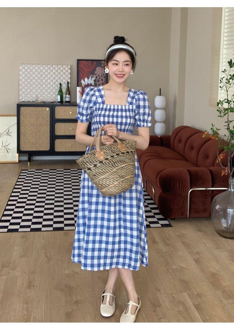 TOBE1SHOP Thanh lịch Port Wind Vintage kẻ sọc ăn vuông cổ thắt lưng sọc đi lại khí chất ngọt ngào bong bóng tay áo váy