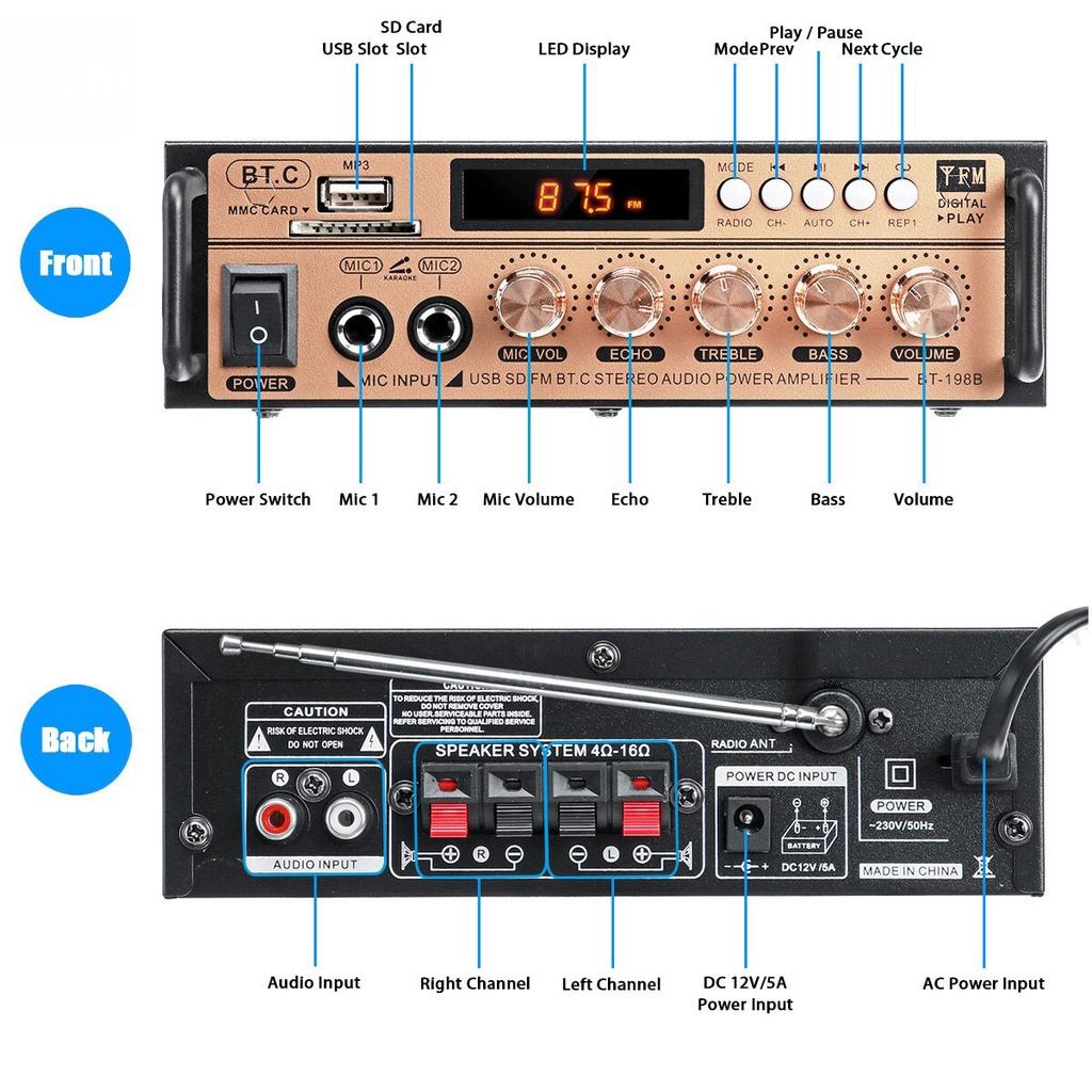 Ampli Karaoke Mini, Amly Bluetooth BT198B ghi âm Cao Cấp Loại Tốt Công Suất Cực Lớn, Tự Động Lọc Nhiễu, Đa chức năng