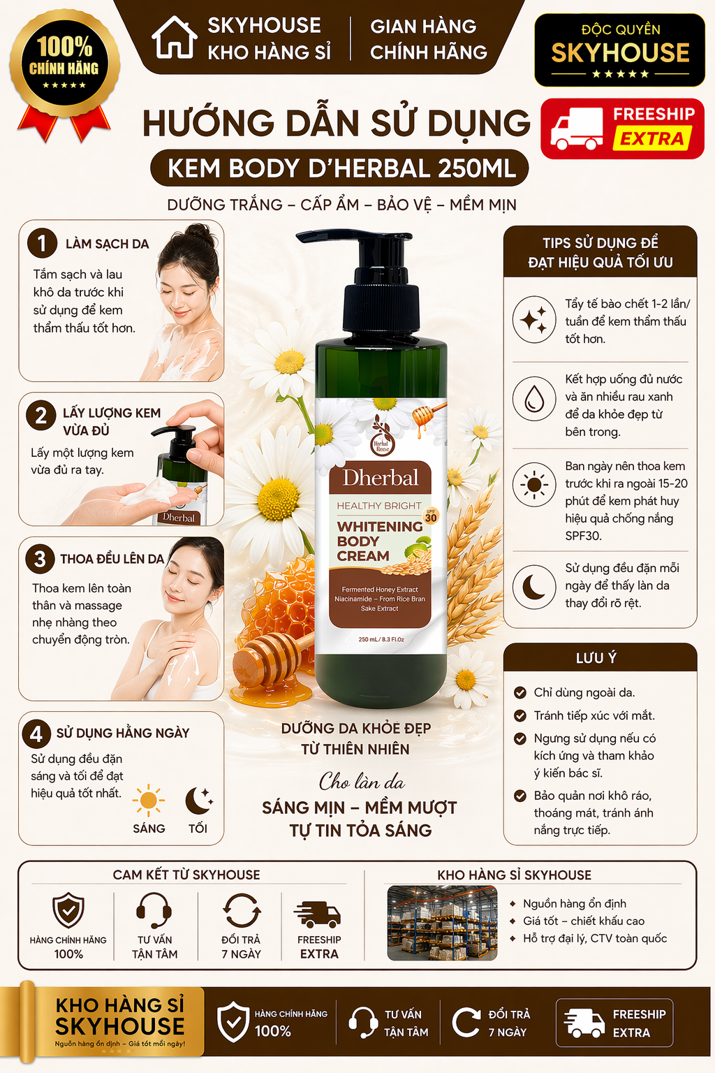 Kem dưỡng trắng da thiên nhiên độc quyền WHITENING BODY CREAM DHERBAL chai 250ml kem chống nắng toàn thân chính hãng