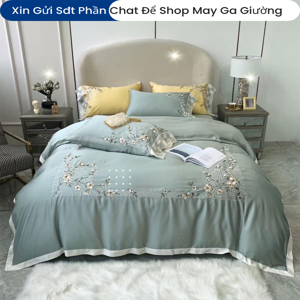 Bộ Chăn Ga Gối Đệm Lụa Tencel 100s Thêu Hoa 5 Món ANNA NGUYÊN Cao Cấp Chăn Chần Bông Lụa Mềm