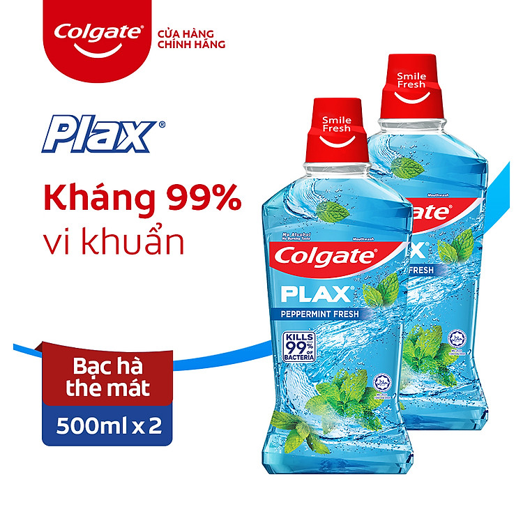 Bộ đôi nước súc miệng Colgate diệt 99% vi khuẩn Plax bạc hà 500ml/chai