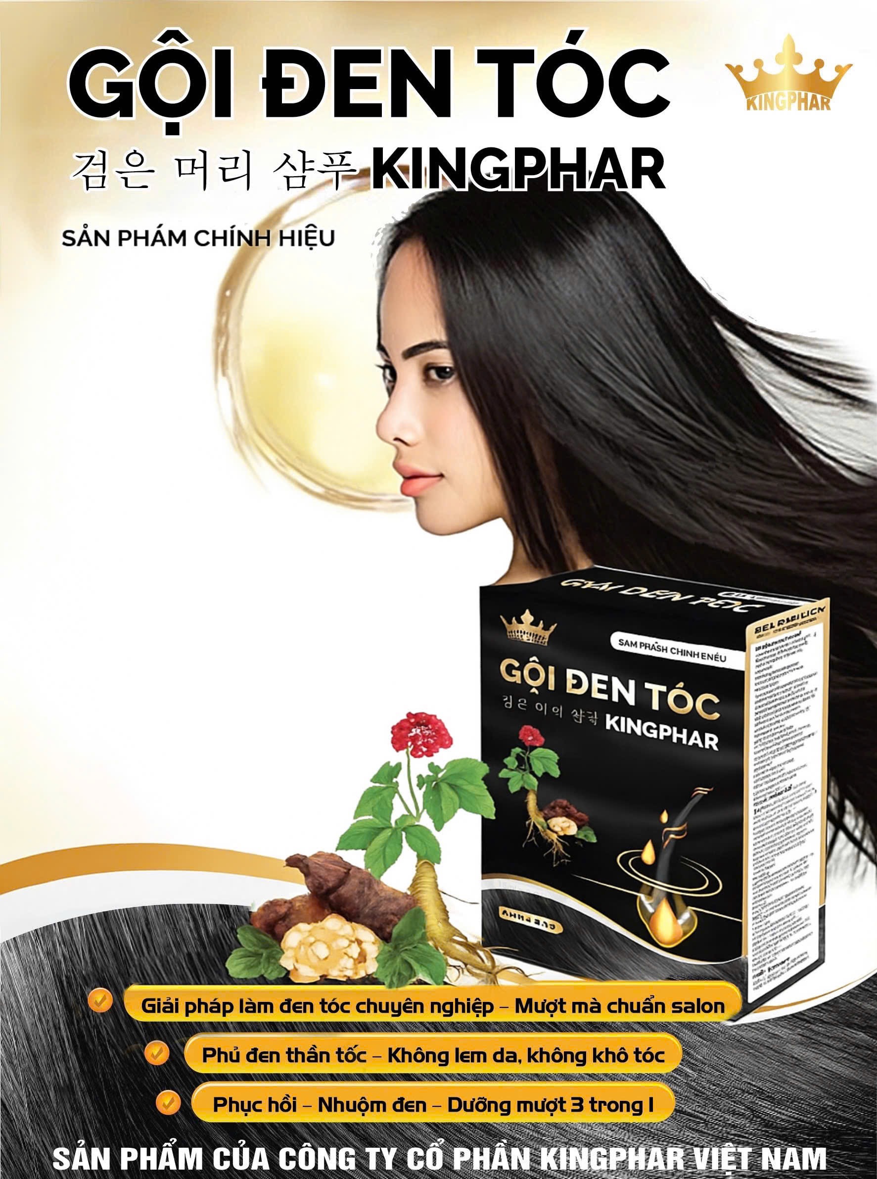 Gội đen tóc Kingphar, hộp 2 gói x 15ml, giúp làm đen tóc, suôn mượt