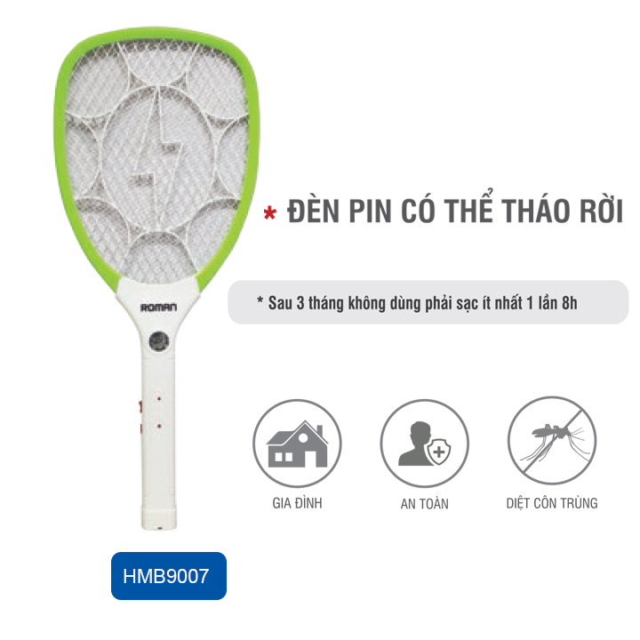 Vợt diệt muỗi cao cấp Roman HMB9007 tích hợp đèn LED an toàn, tiện lợi + Lớp bảo vệ an toàn tránh rò rỉ điện + Thời gian sử dụng dài