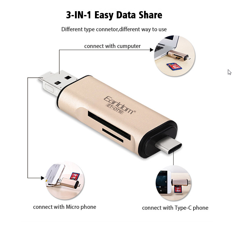 Đầu Đọc Thẻ Đa Năng Cho Điện Thoại, Máy Tính Earldom ET-OT10 (Hỗ Trợ Các Cổng MicroUSB - Type C - USB) - Hàng Nhập Khẩu (Màu Ngẫu Nhiên)