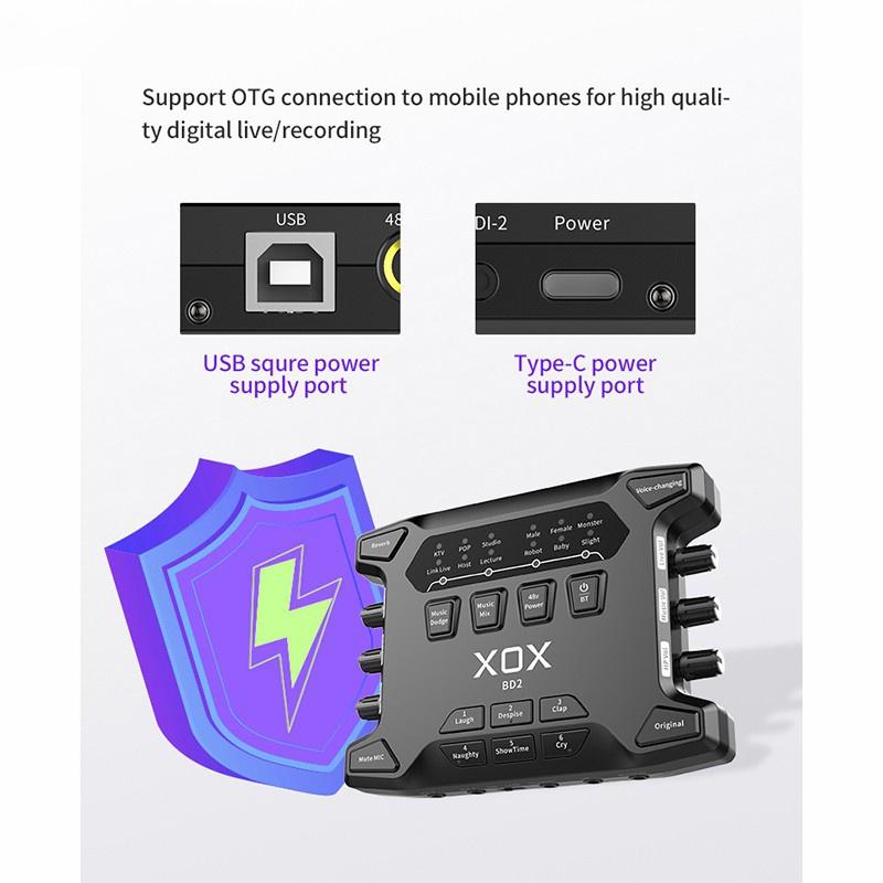 Sound card XOX BD2 - Lấy nhạc bằng bluetooth 5.0 - Tích hợp nguồn 48V, hiệu chỉnh độ nhạy, âm lượng cho micro dễ dàng