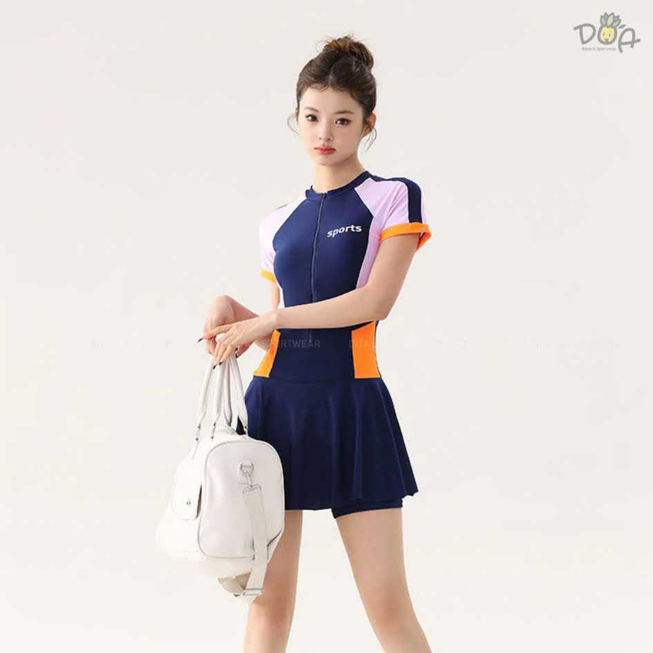 Đồ bơi nữ liền thân dạng váy tay ngắn có khóa kéo in chữ sport | DỨA BIKINI &amp; SPORTWEAR