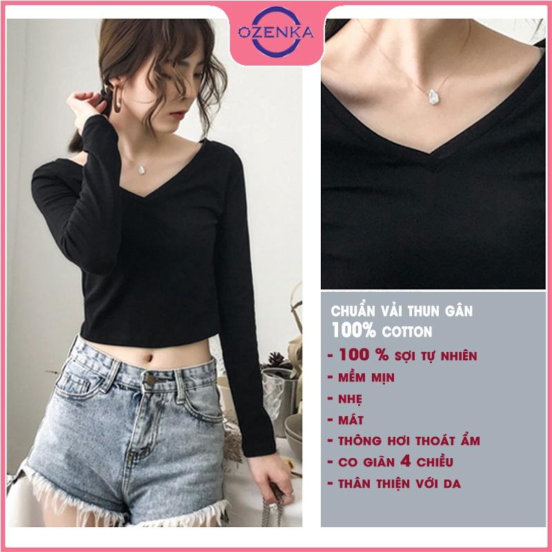 Áo croptop tay dài cổ V ôm body , ao crt mặc đi học đi chơi đẹp thun gân 100% cotton màu đen trắng free size