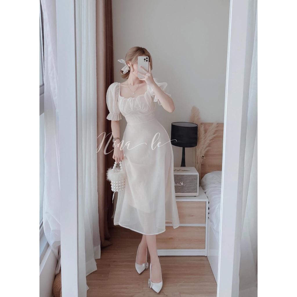 Đầm nữ dạ tiệc màu trắng tinh khôi cổ Vuông xếp ly 2 lớp thích hợp cho nàng dạo phố, dự tiệc