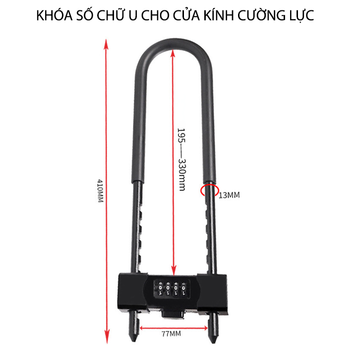 Khóa số chữ U móc dài 195-330mm cho cửa kính, xe máy, loại 4 số có thể thay đổi được mã số