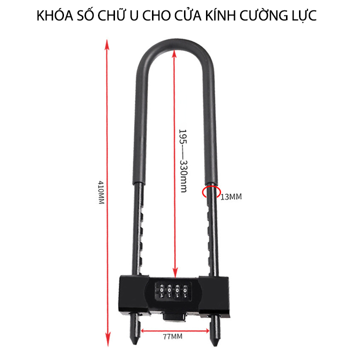 Khóa số chữ U loại móc dài 330mm, dùng khóa cửa kính, xe máy, trang bị 4 mã số có thể thay đổi được U701