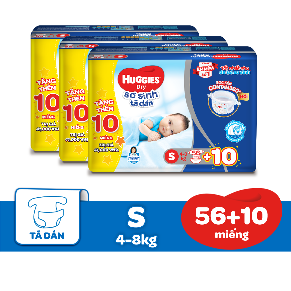 Combo 3 Gói Tã Dán Sơ Sinh Huggies S56 (4kg-8kg) - Gói 56 Miếng - Tặng 10 miếng