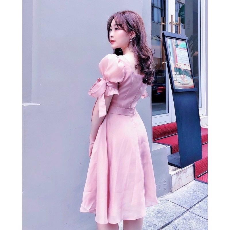 ĐẦM TAY NGẮN BUỘC NƠ TRẮNG, HỒNG XINH XẮN