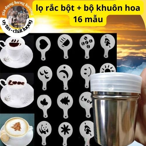 Lọ rắc bột cacao matcha inox có nắp và bộ khuôn rắc bột 16 tấm latte art trang trí