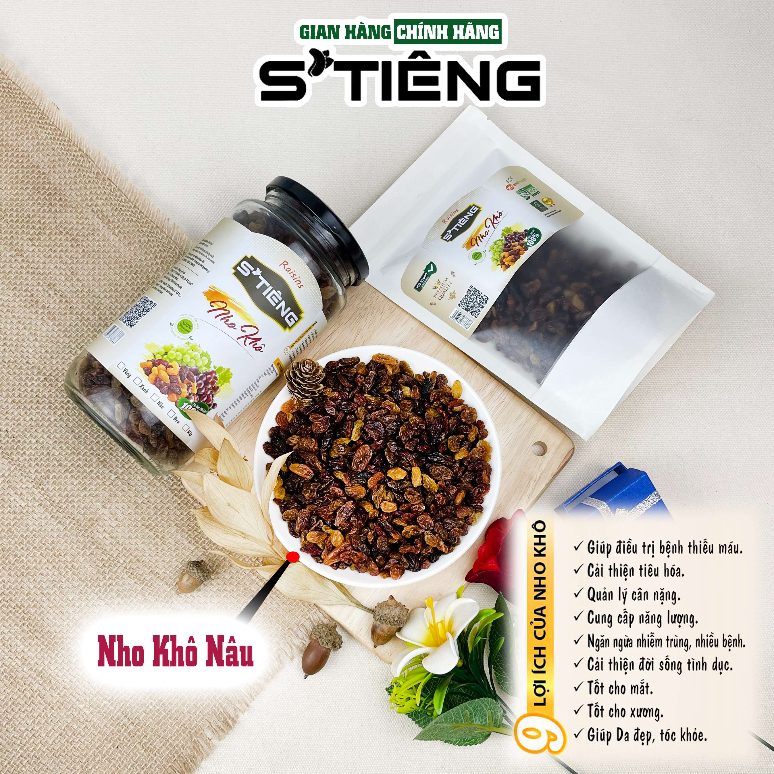 Nho Nâu Sấy Khô STIENG Không Đường Chuẩn Vị Giàu Chất Dinh Dưỡng