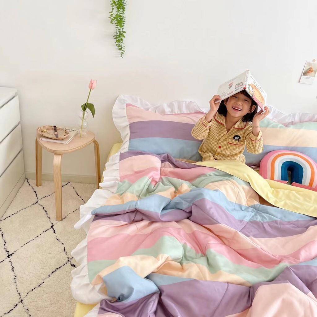 Bộ chăn ga Cotton Đũi phối bèo hàng nhập khẩu siêu mềm mát - họa tiết cầu vồng