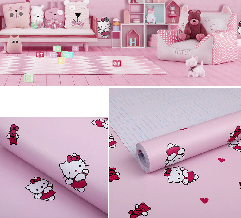 Combo 10 mét giấy dán tường, decal dán tường trang trí nhà cửa KITTY TRÁI TIM khổ 45cm