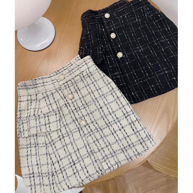 Chân Váy Dạ Tweed Cạp Lệch Dáng Chữ A Ngắn Có quần Lót Trong 3 Cúc Túi Nắp Thời Trang Nữ M353